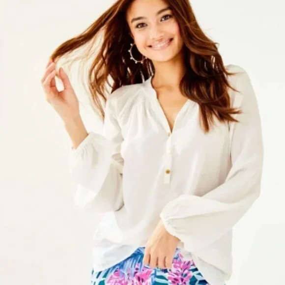Lilly Pulitzer Elsa Blouse White Large 100% Silk - Picture 1 of 8
